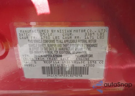 2013 Nissan Versa 1.6 Sv from USA, damaged, VIN 3N1CN7AP2DL829098